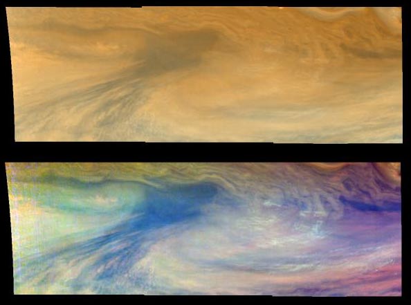 Вид экваториальной горячей точки Юпитера с повышенной температурой и сухой атмосферой. Фото JPL/NASA.