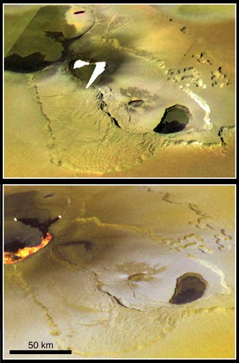 Два снимка Ио с происходящими там извержениями вулканов. Фото JPL/NASA.